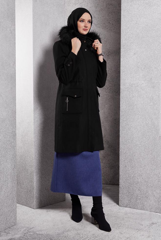 Hijab clothing BLACK HOODED COAT 90543 - ALVİNA
