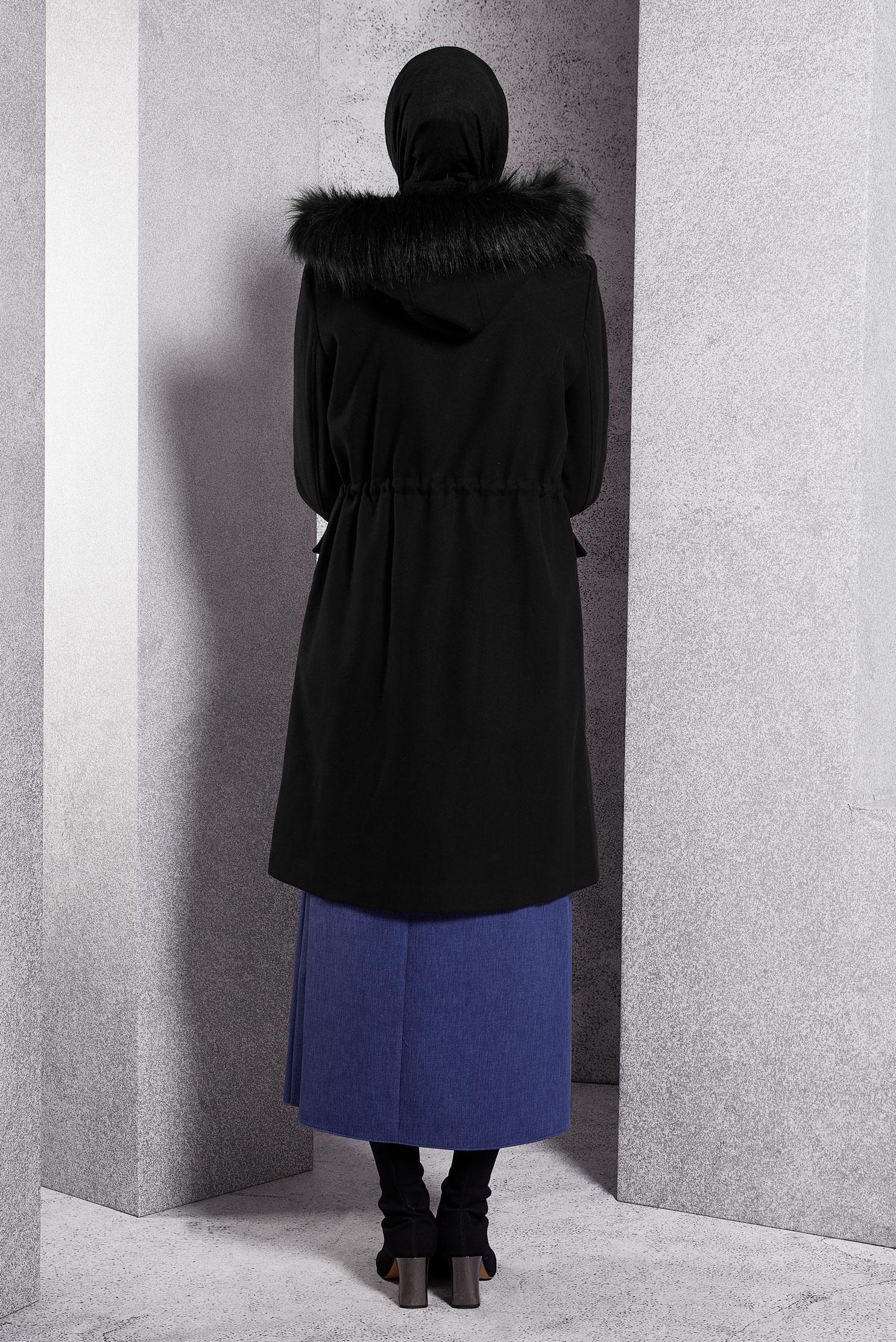 Tesettür giyim SİYAH KAPÜŞONLU KABAN 90543