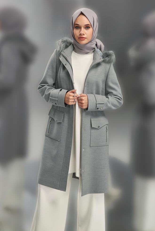 Hijab clothing GREY HOODED COAT 90543 - ALVİNA