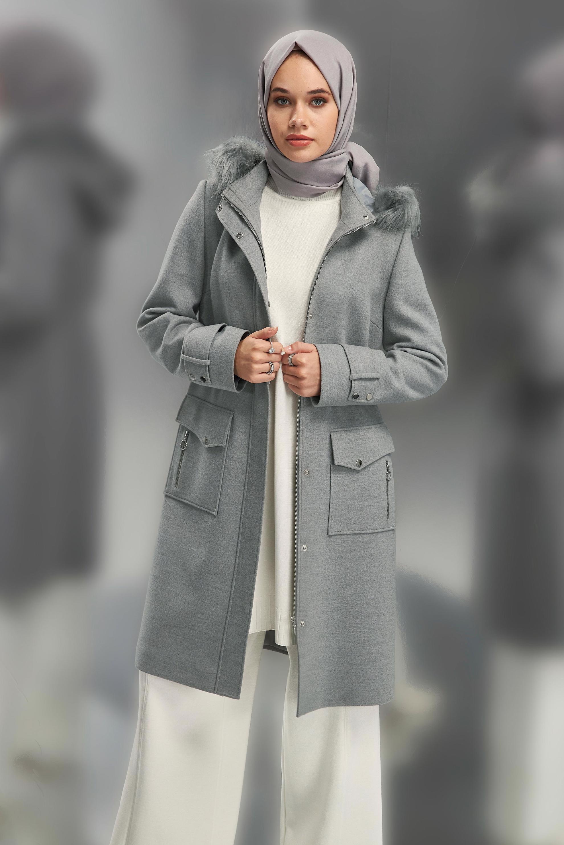 Hijab clothing GREY HOODED COAT 90543