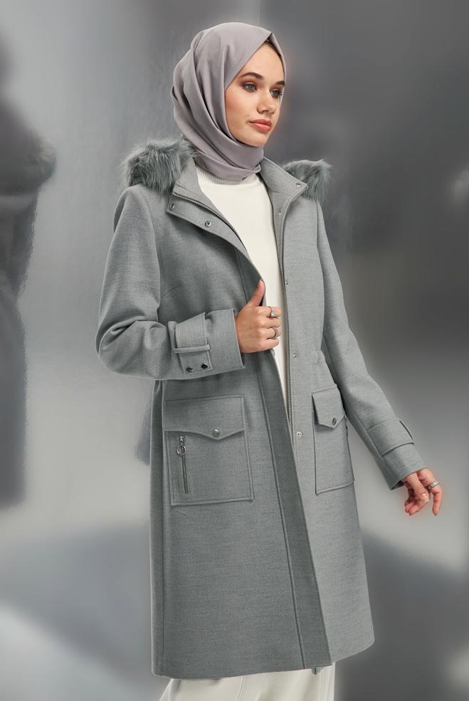 Hijab clothing GREY HOODED COAT 90543 - ALVİNA