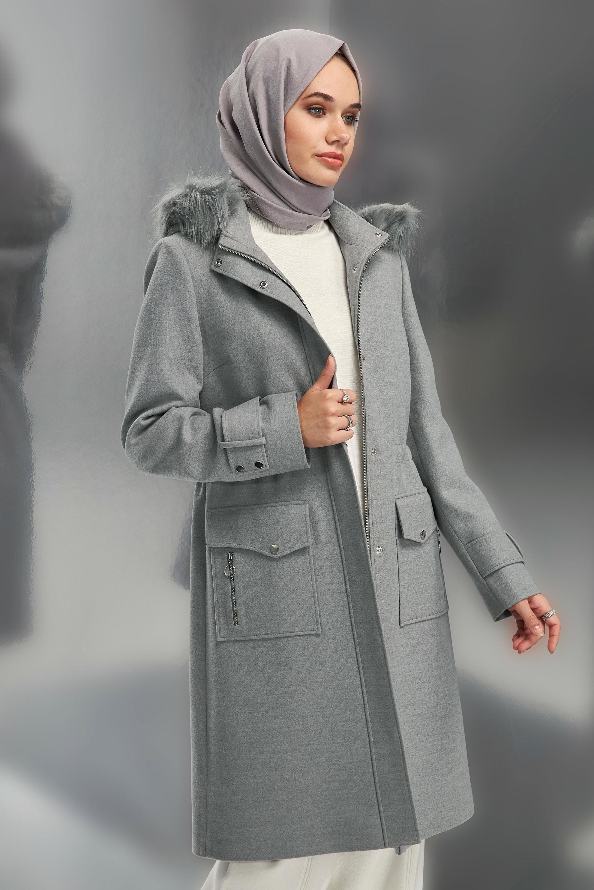 Hijab clothing GREY HOODED COAT 90543