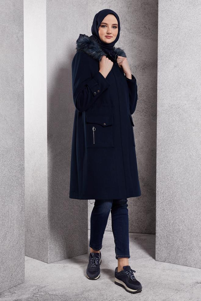 Hijab clothing NAVY BLUE HOODED COAT 90543 - ALVİNA