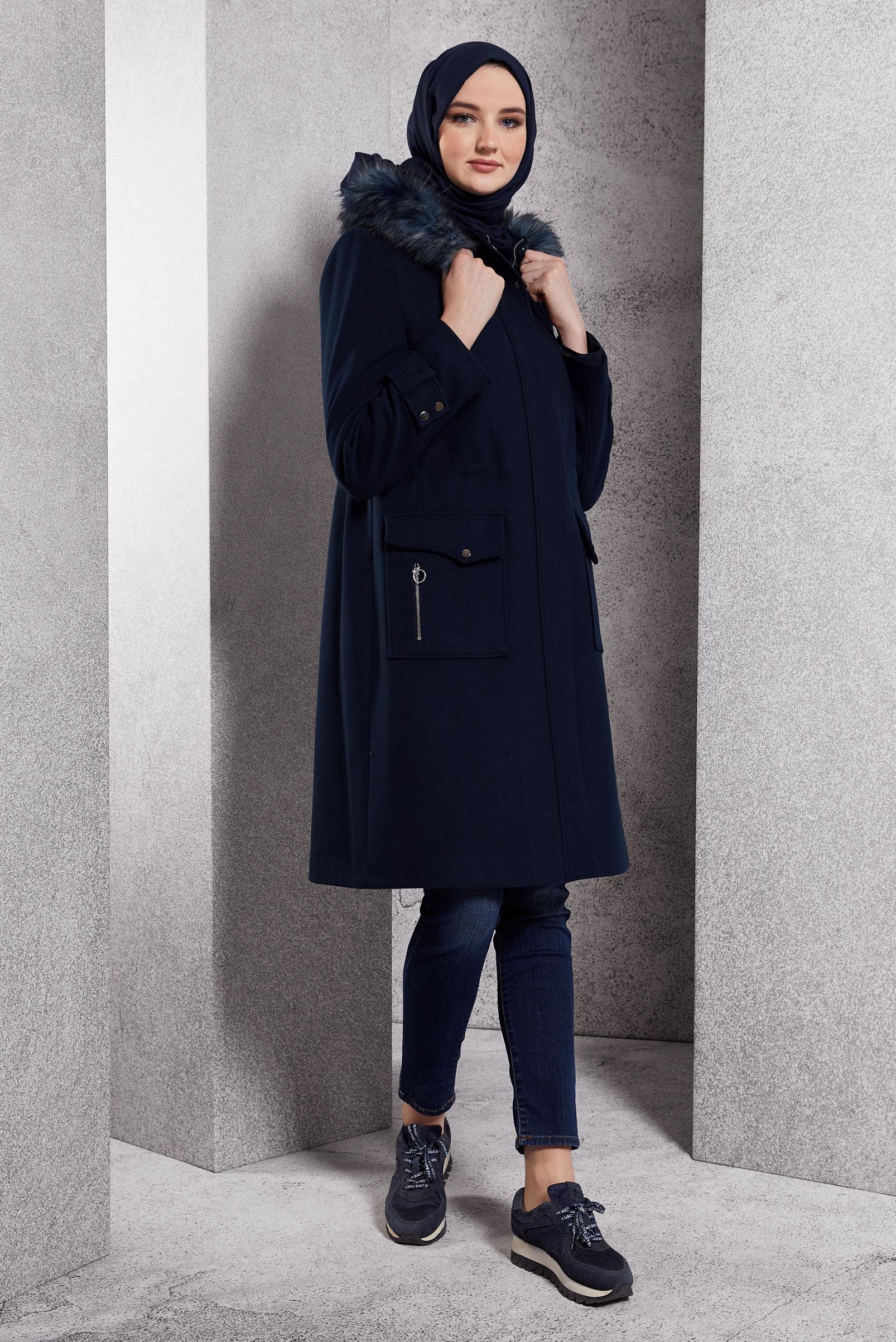 Tesettür giyim LACİVERT KAPÜŞONLU KABAN 90543