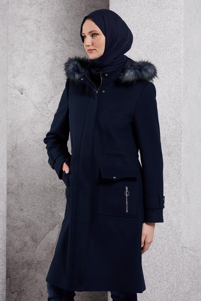 Hijab clothing NAVY BLUE HOODED COAT 90543 - ALVİNA