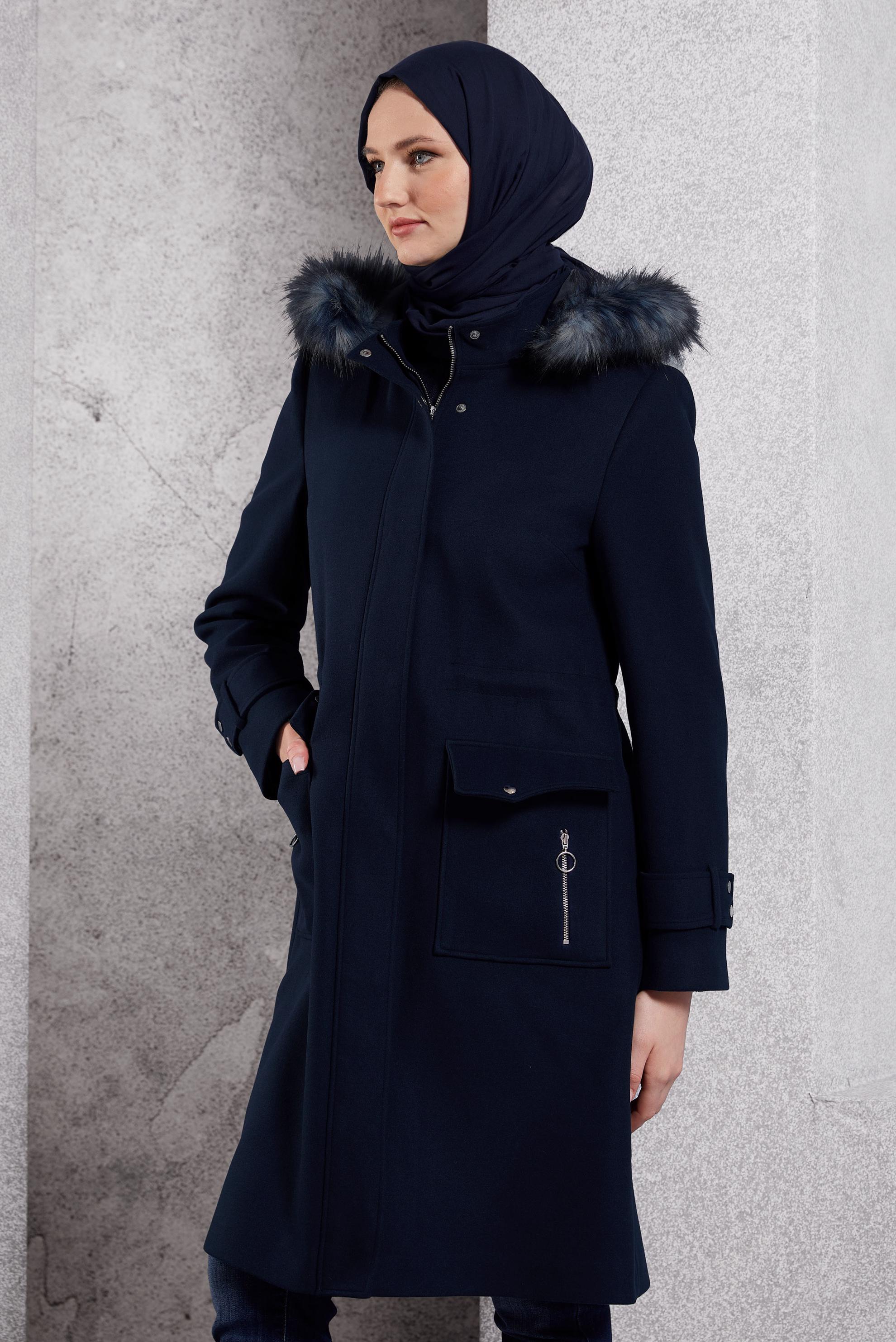 Tesettür giyim LACİVERT KAPÜŞONLU KABAN 90543