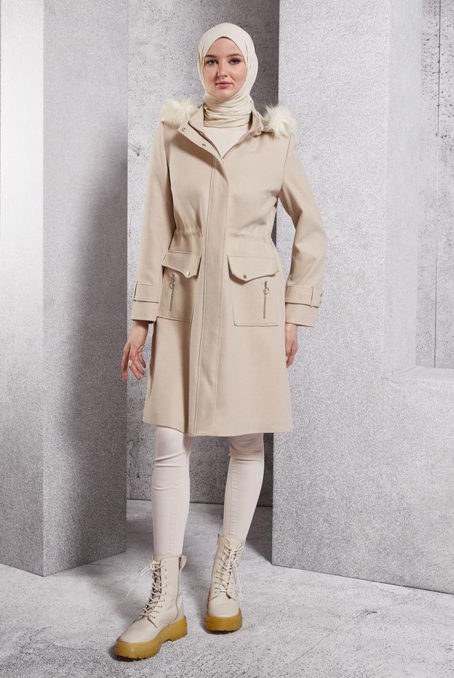 Hijab clothing BEIGE HOODED COAT 90543 - ALVİNA