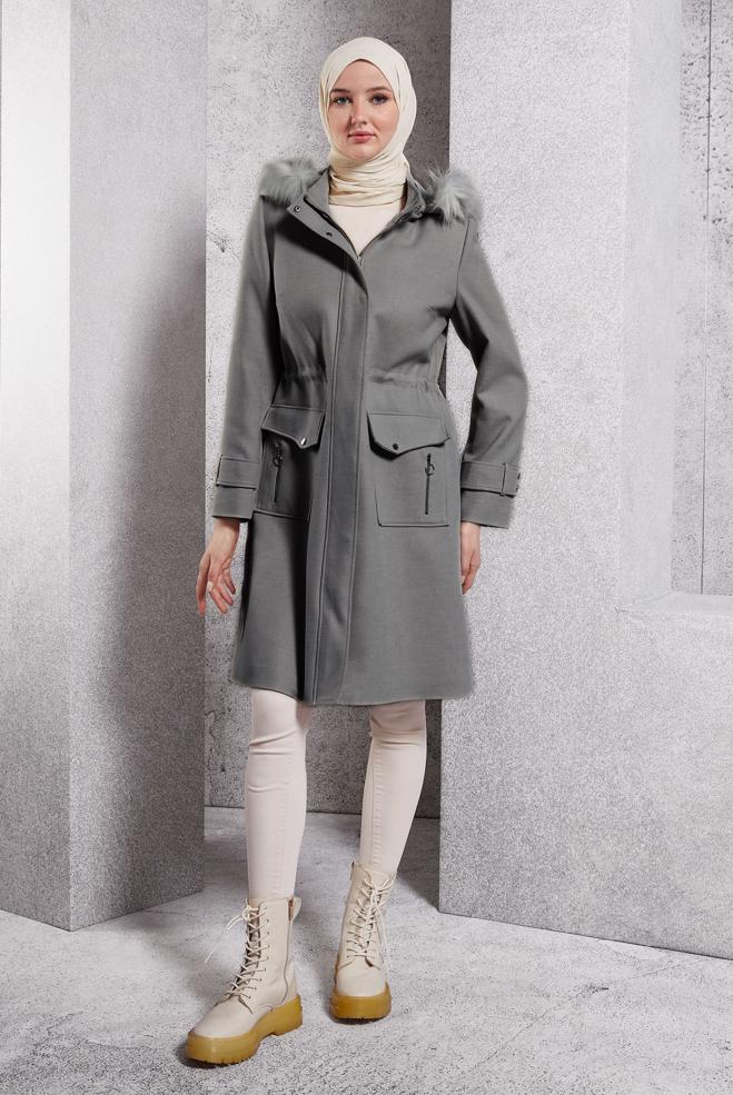 Tesettür giyim GRİ KAPÜŞONLU KABAN 90543 - ALVİNA