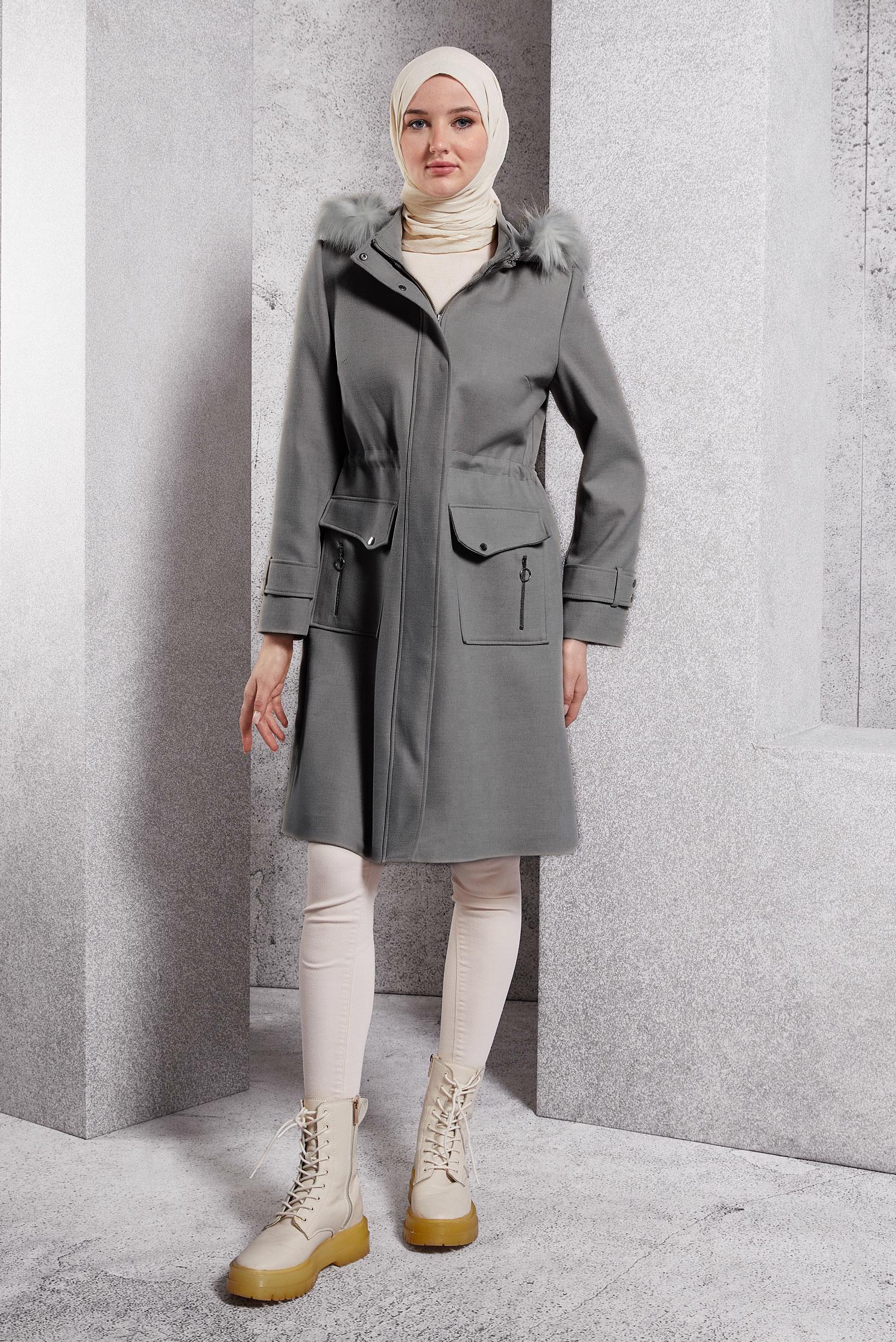 Tesettür giyim GRİ KAPÜŞONLU KABAN 90543