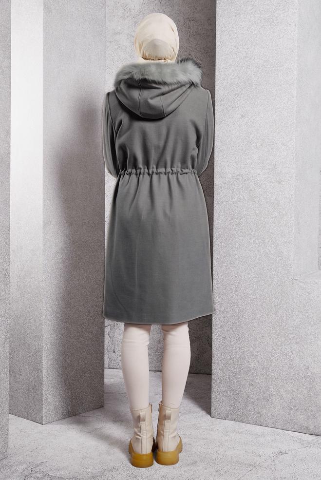 Tesettür giyim GRİ KAPÜŞONLU KABAN 90543 - ALVİNA