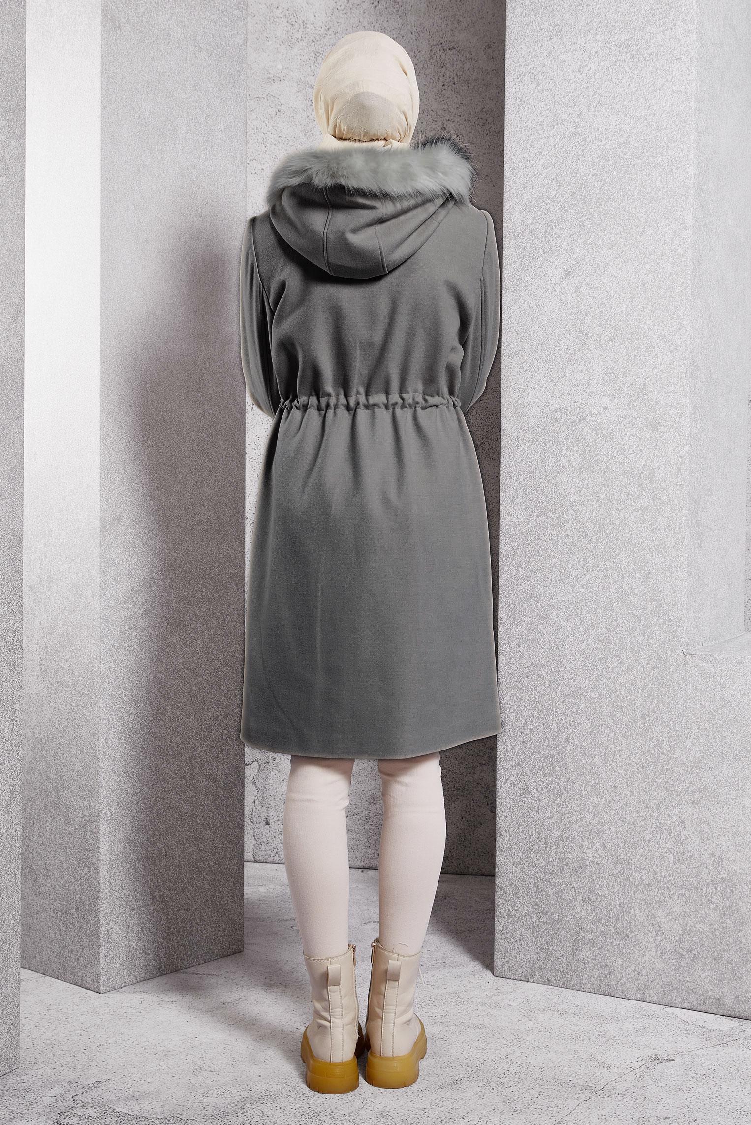 Tesettür giyim GRİ KAPÜŞONLU KABAN 90543