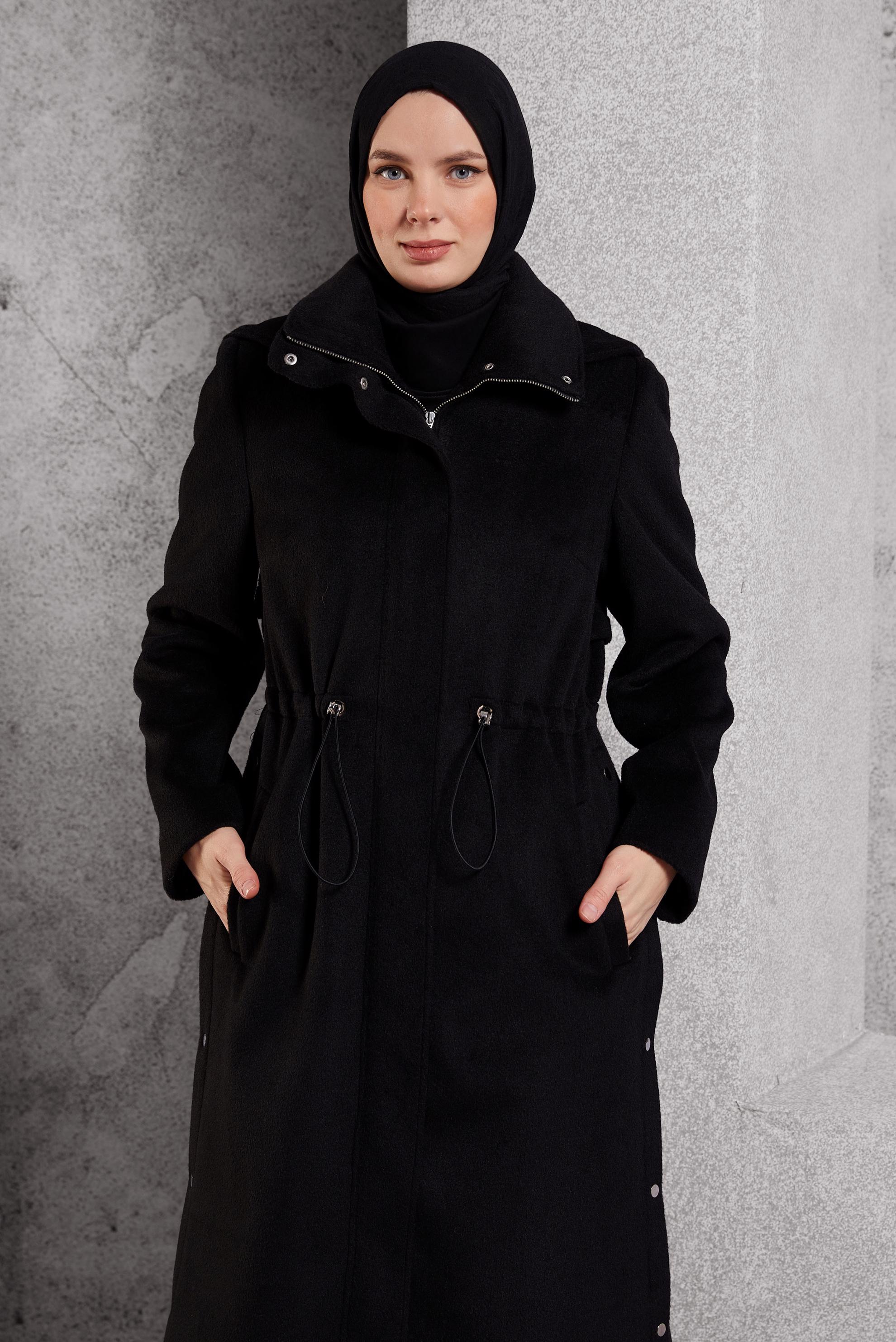 Tesettür giyim SİYAH KAPÜŞONLU KABAN 90545