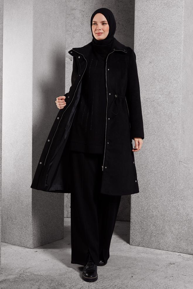 Hijab clothing BLACK HOODED COAT 90545 - ALVİNA
