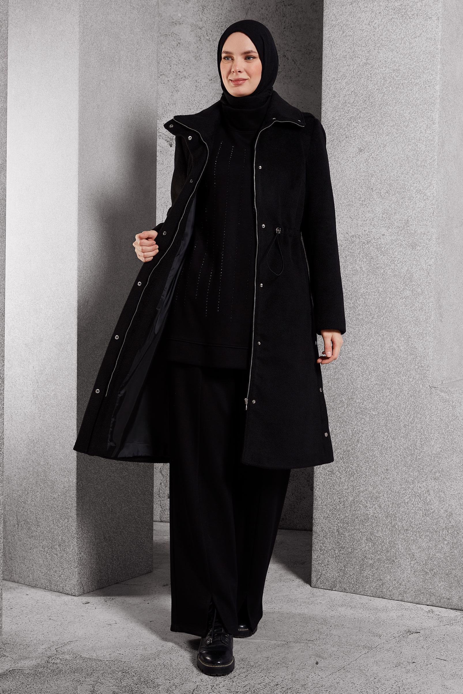 Tesettür giyim SİYAH KAPÜŞONLU KABAN 90545