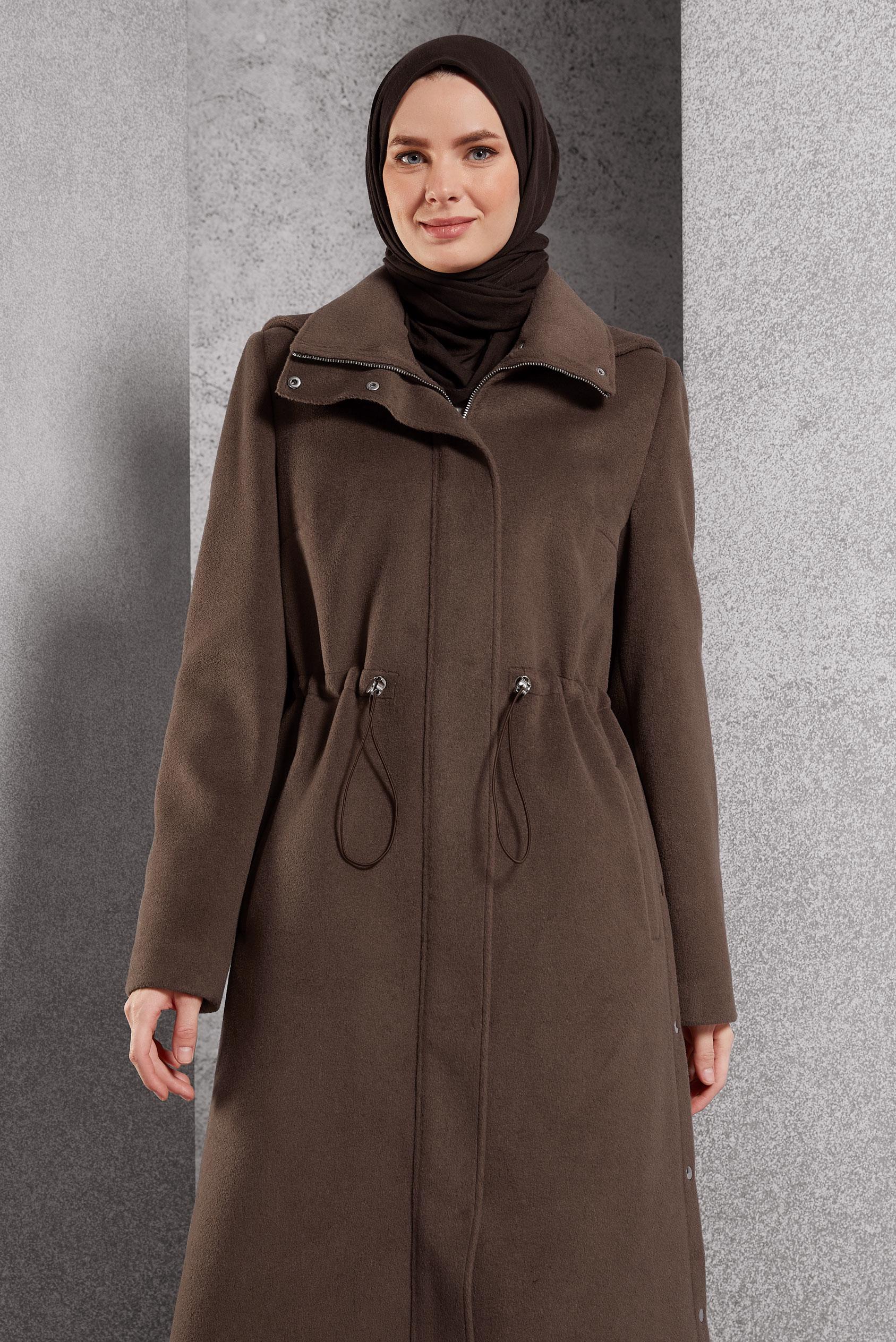 Tesettür giyim KAHVE KAPÜŞONLU KABAN 90545