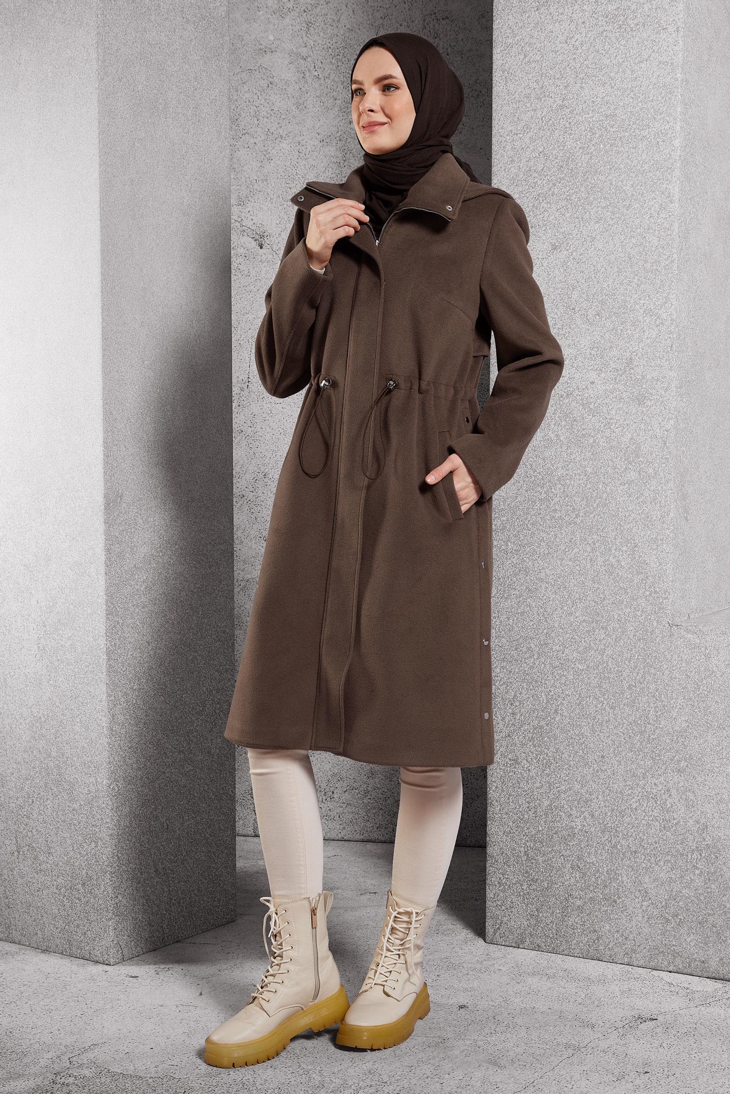 Tesettür giyim KAHVE KAPÜŞONLU KABAN 90545