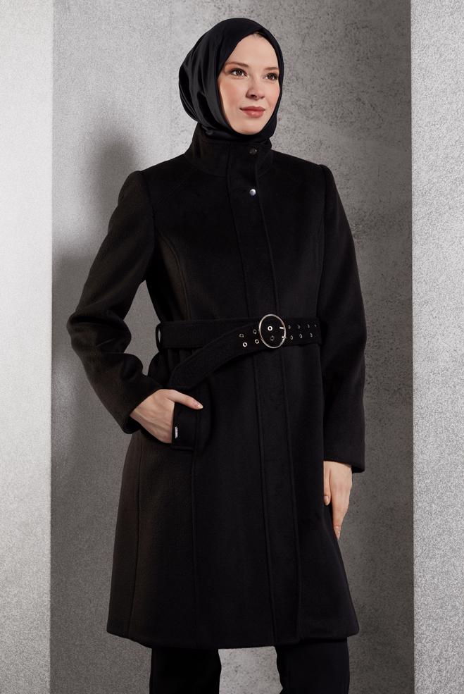 Vêtements hijab NOIR MANTEAU CEINTURÉ 90546 - ALVİNA