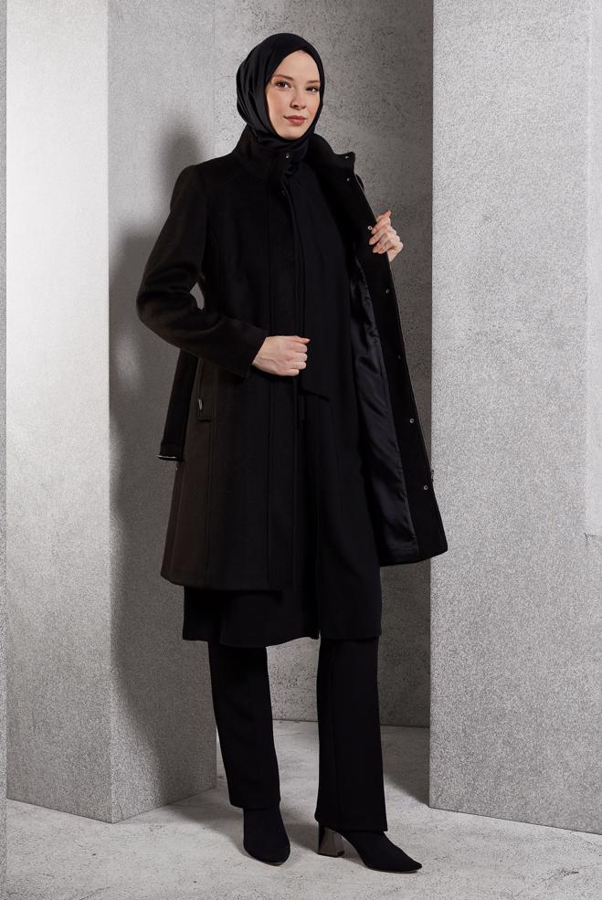 Vêtements hijab NOIR MANTEAU CEINTURÉ 90546 - ALVİNA