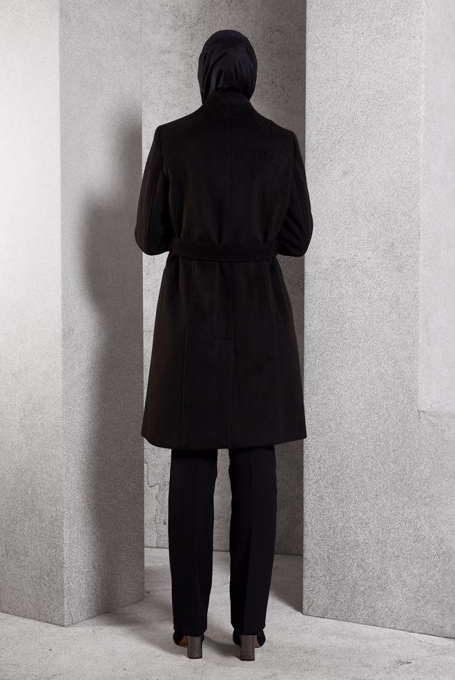 Vêtements hijab NOIR MANTEAU CEINTURÉ 90546 - ALVİNA