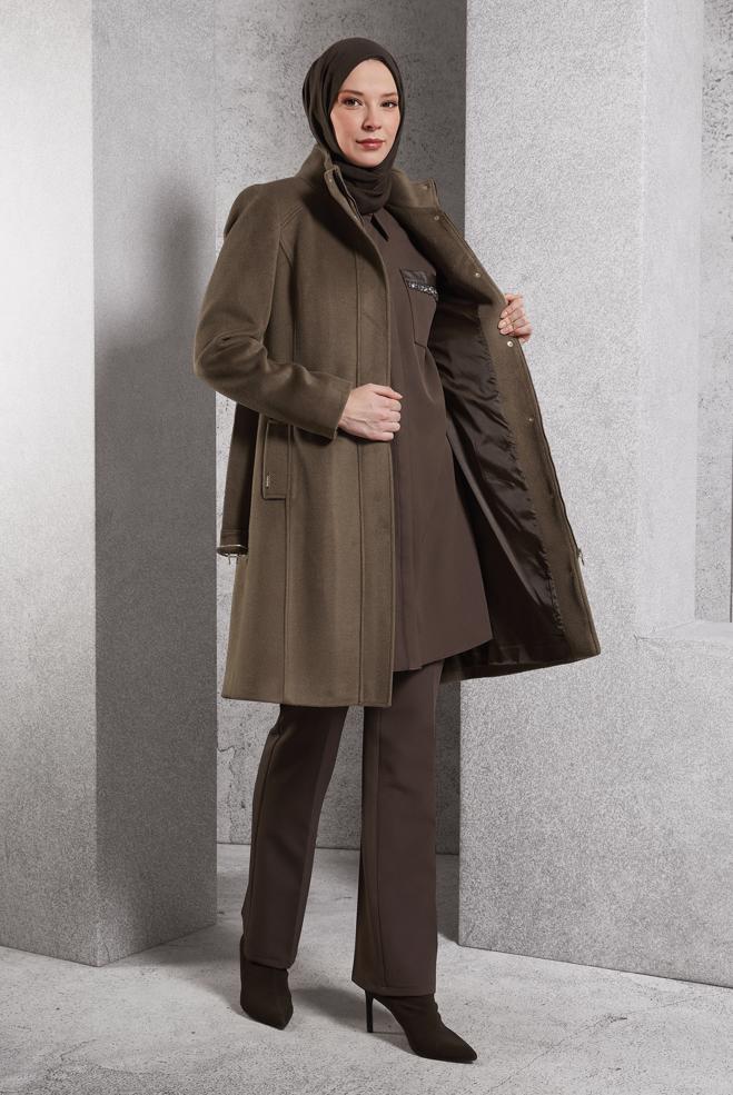 Vêtements hijab BRUN MANTEAU CEINTURÉ 90546 - ALVİNA