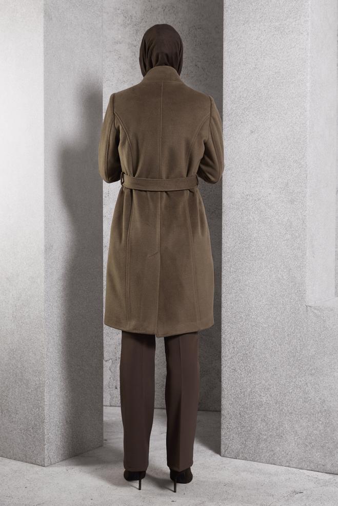 Vêtements hijab BRUN MANTEAU CEINTURÉ 90546 - ALVİNA