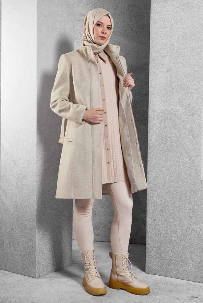 Vêtements hijab ÉCRUE MANTEAU CEINTURÉ 90546 - ALVİNA