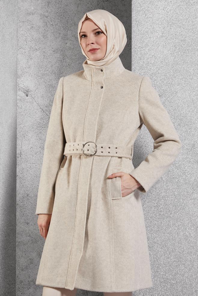 Vêtements hijab ÉCRUE MANTEAU CEINTURÉ 90546 - ALVİNA