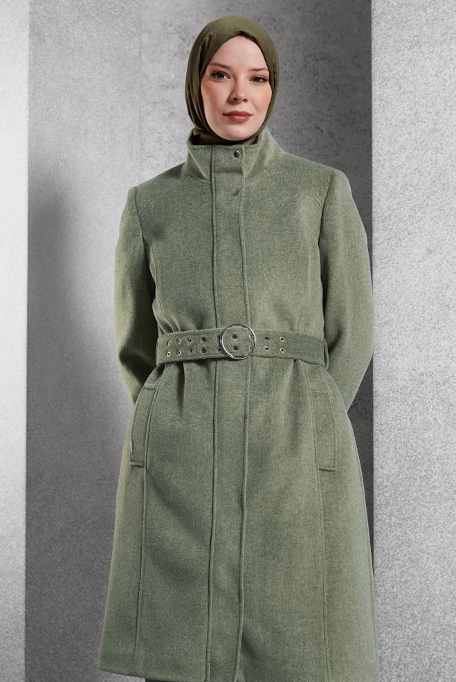 Vêtements hijab VERT MANTEAU CEINTURÉ 90546 - ALVİNA