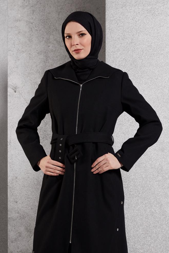Hijab clothing BLACK BELTED COAT 90547 - ALVİNA