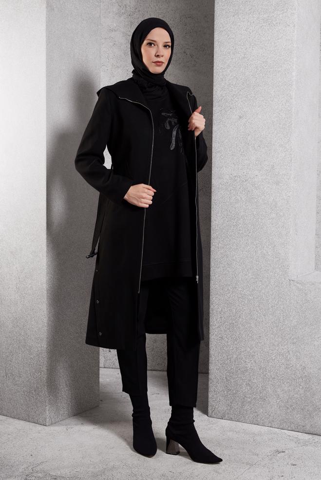 Hijab clothing BLACK BELTED COAT 90547 - ALVİNA
