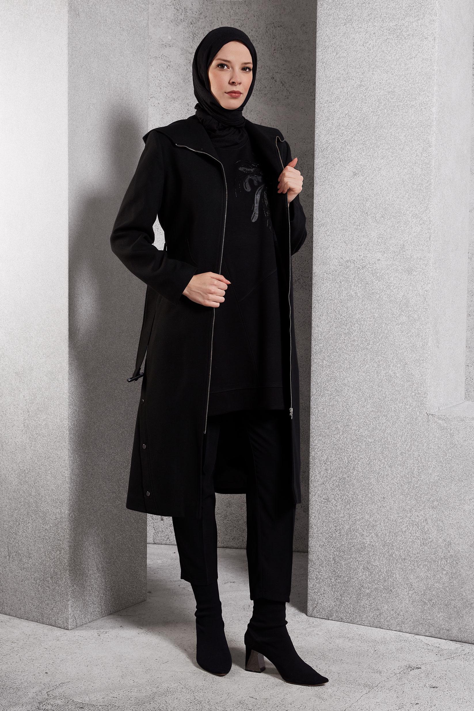 Tesettür giyim SİYAH KEMERLİ KABAN 90547
