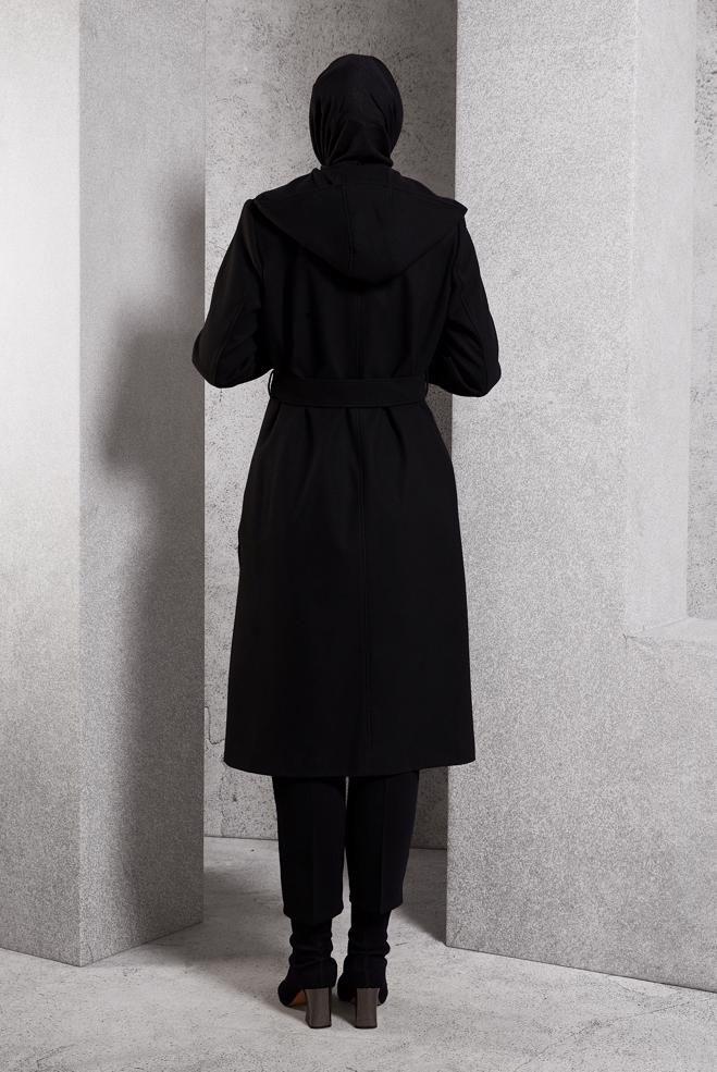 Hijab clothing BLACK BELTED COAT 90547 - ALVİNA