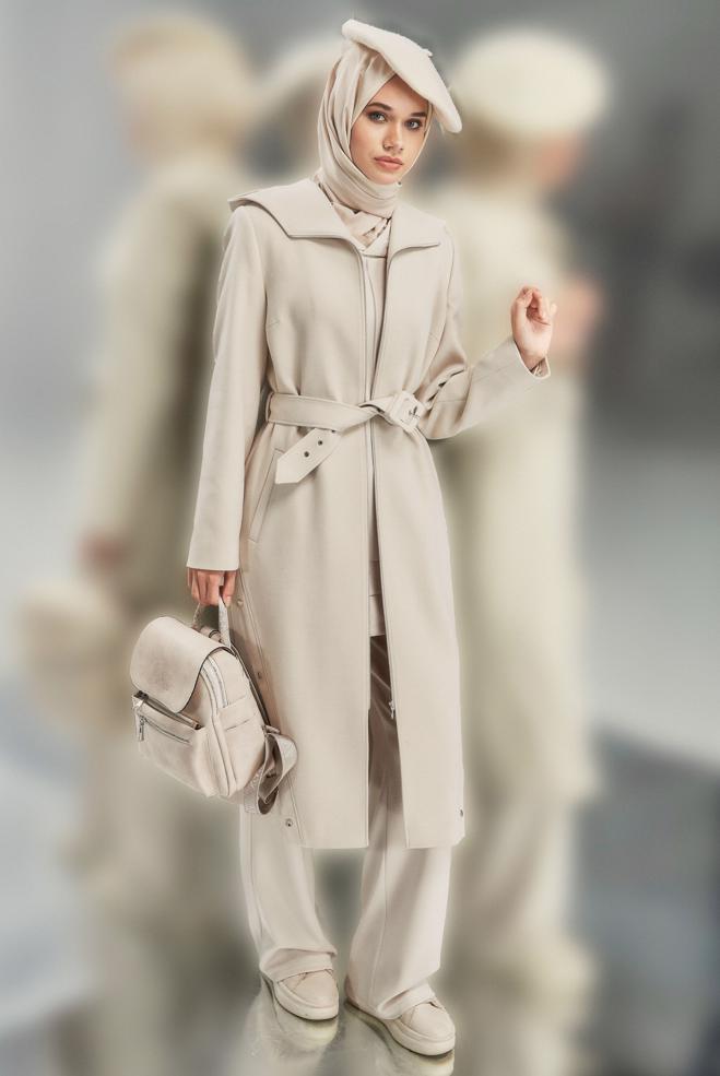 Vêtements hijab BEIGE MANTEAU CEINTURÉ 90547 - ALVİNA