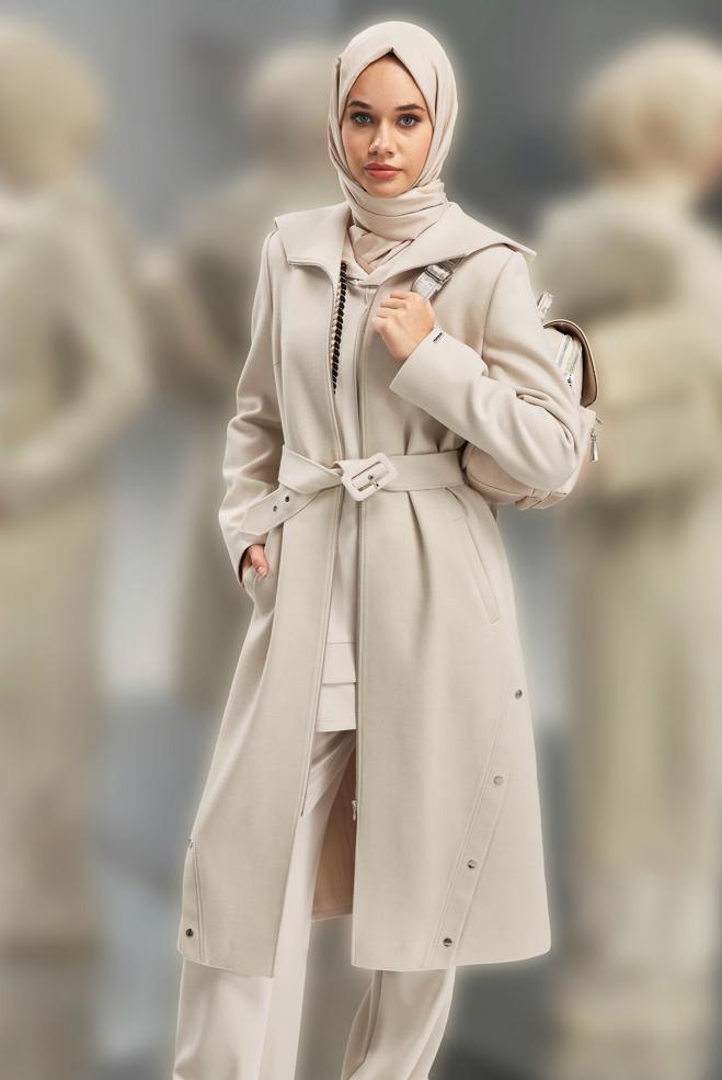 Vêtements hijab BEIGE MANTEAU CEINTURÉ 90547 - ALVİNA