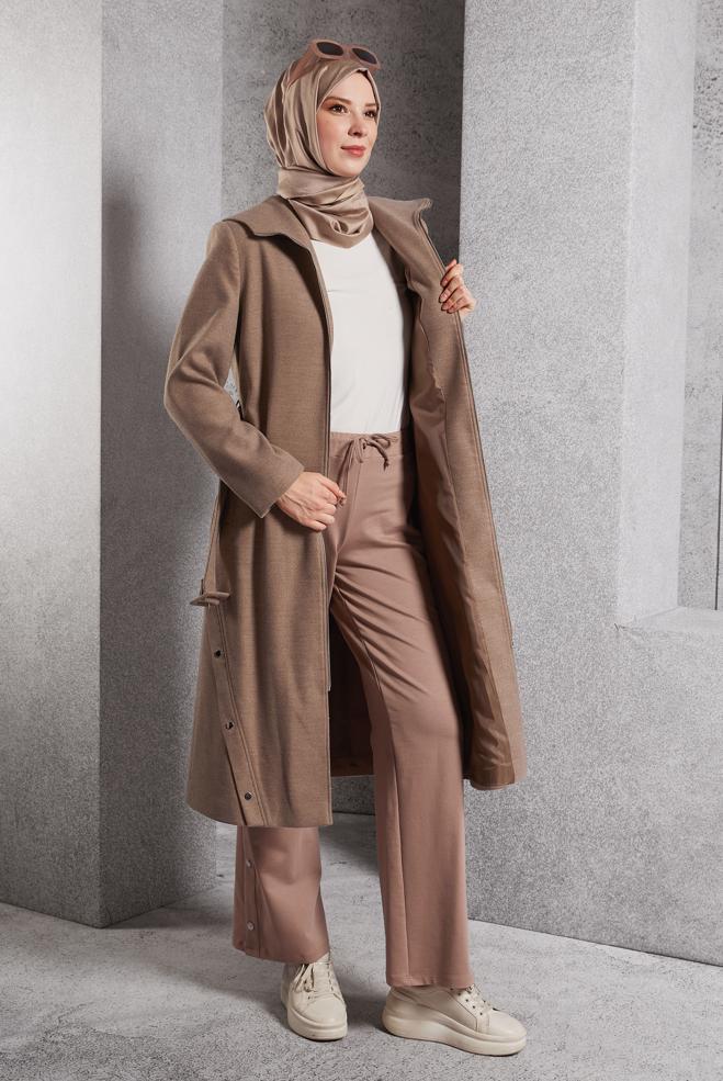 Vêtements hijab BRUN MANTEAU CEINTURÉ 90547 - ALVİNA