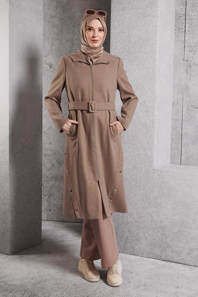 Vêtements hijab BRUN MANTEAU CEINTURÉ 90547 - ALVİNA