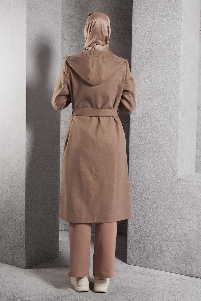 Vêtements hijab BRUN MANTEAU CEINTURÉ 90547 - ALVİNA