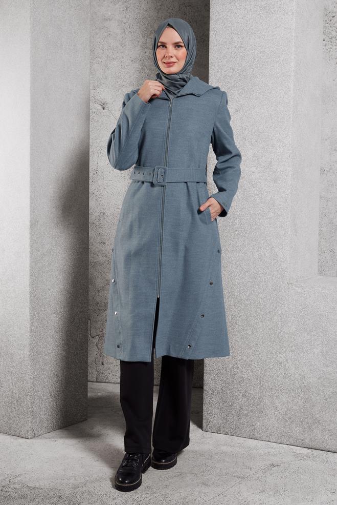 Vêtements hijab GRIS MANTEAU CEINTURÉ 90547 - ALVİNA
