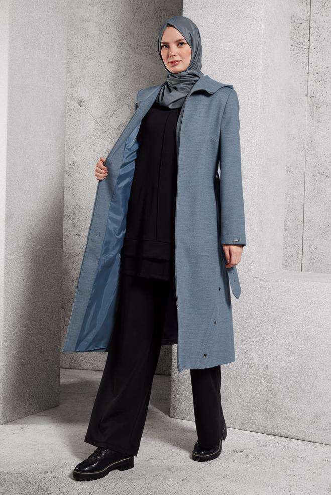 Vêtements hijab GRIS MANTEAU CEINTURÉ 90547 - ALVİNA