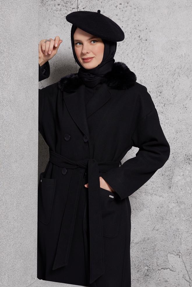 Vêtements hijab NOIR MANTEAU CEINTURÉ 90548 - ALVİNA