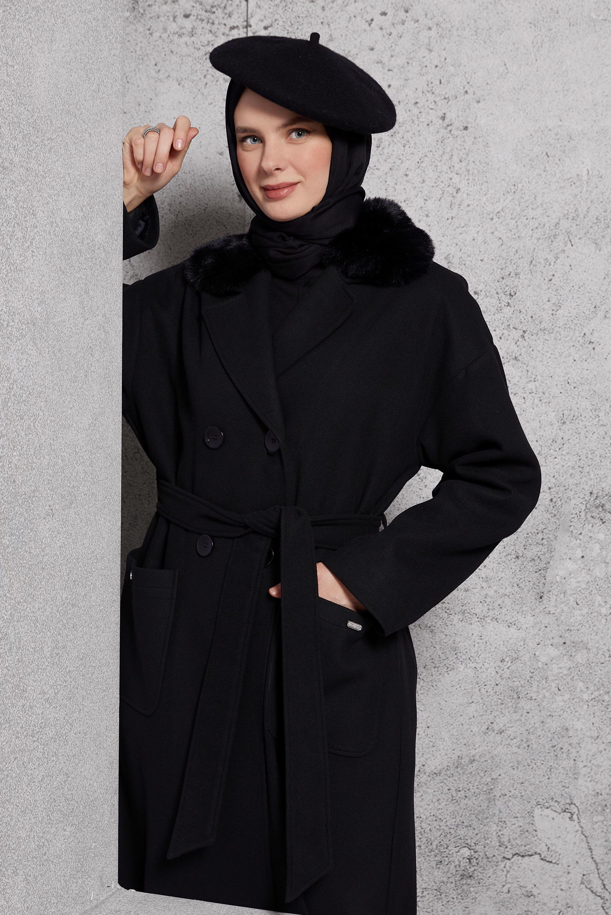 Vêtements hijab NOIR MANTEAU CEINTURÉ 90548