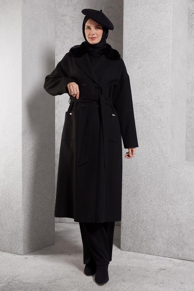 Vêtements hijab NOIR MANTEAU CEINTURÉ 90548 - ALVİNA