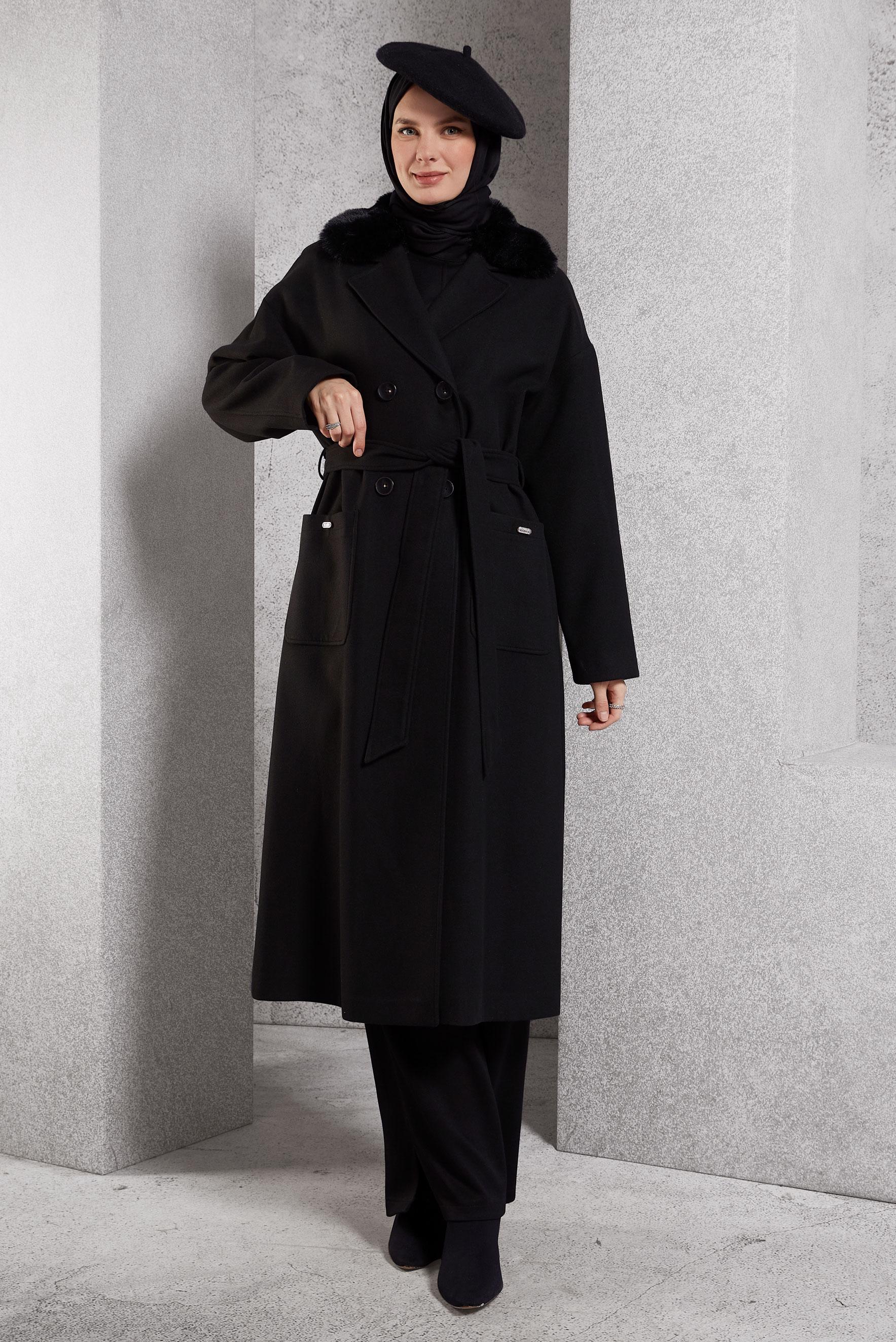 Vêtements hijab NOIR MANTEAU CEINTURÉ 90548