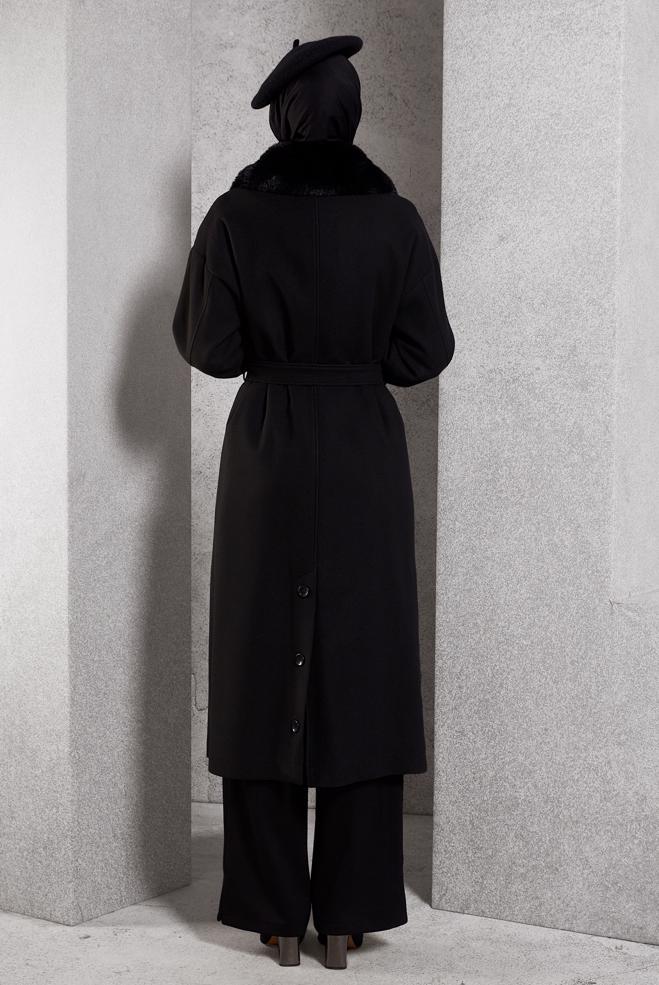 Vêtements hijab NOIR MANTEAU CEINTURÉ 90548 - ALVİNA