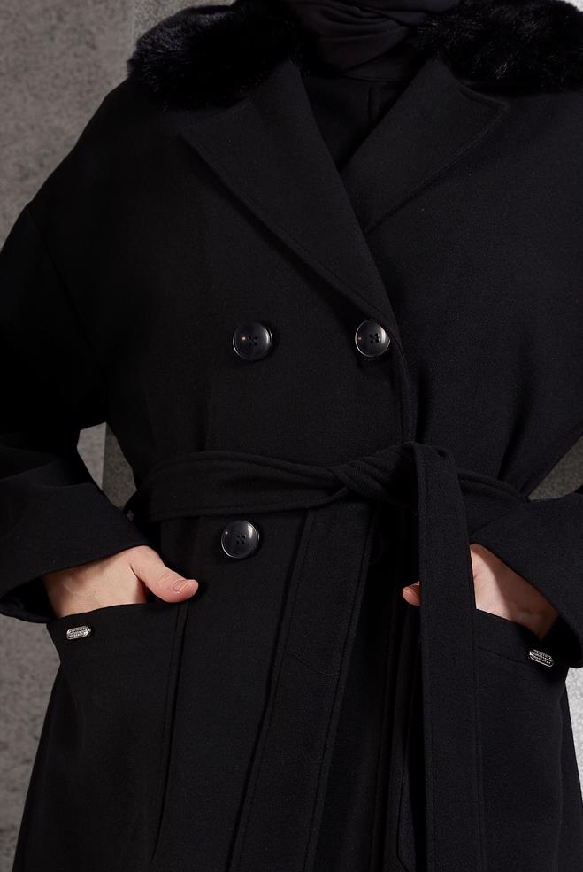 Vêtements hijab NOIR MANTEAU CEINTURÉ 90548 - ALVİNA