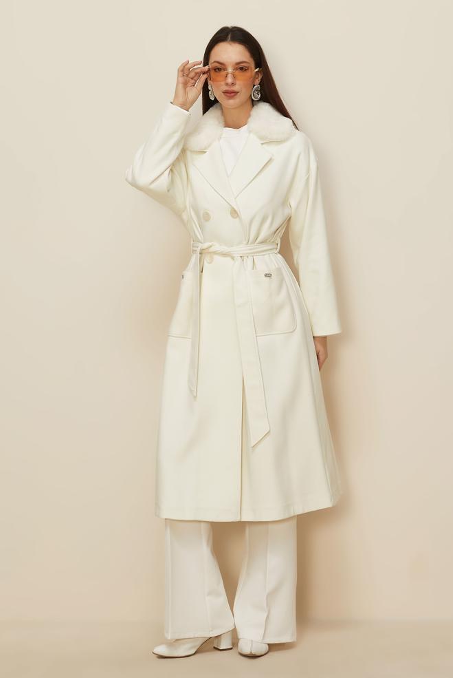 Hijab clothing WHITE BELTED COAT 90548 - ALVİNA