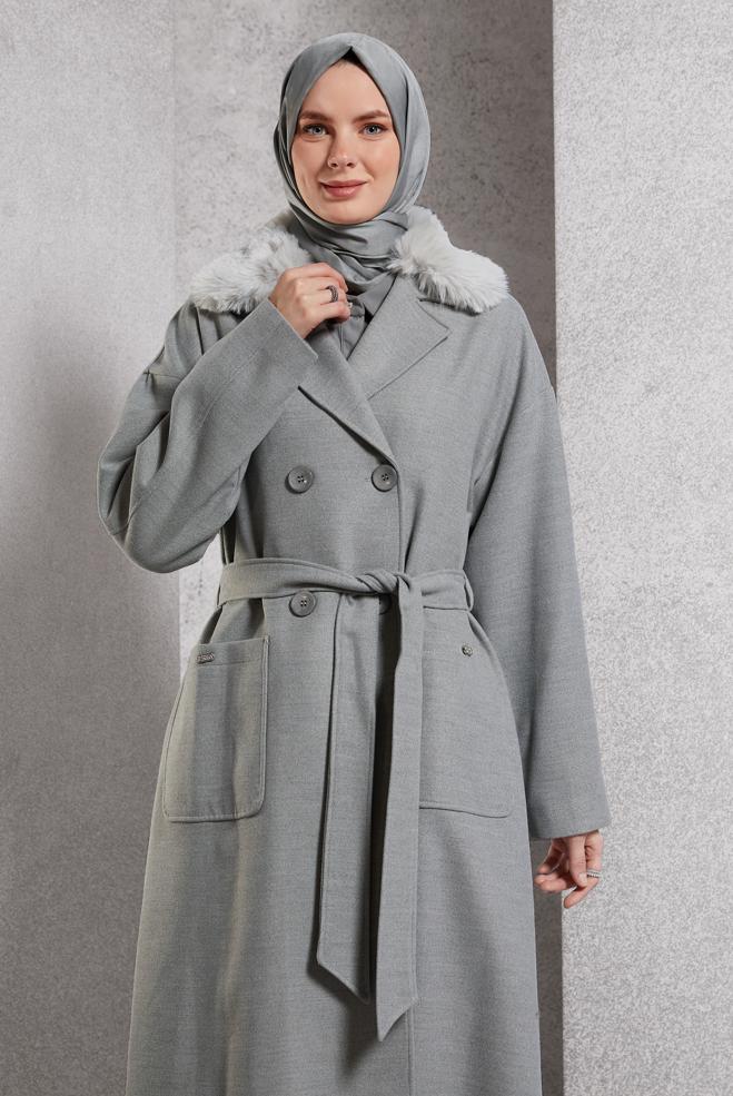 Vêtements hijab GRIS MANTEAU CEINTURÉ 90548 - ALVİNA