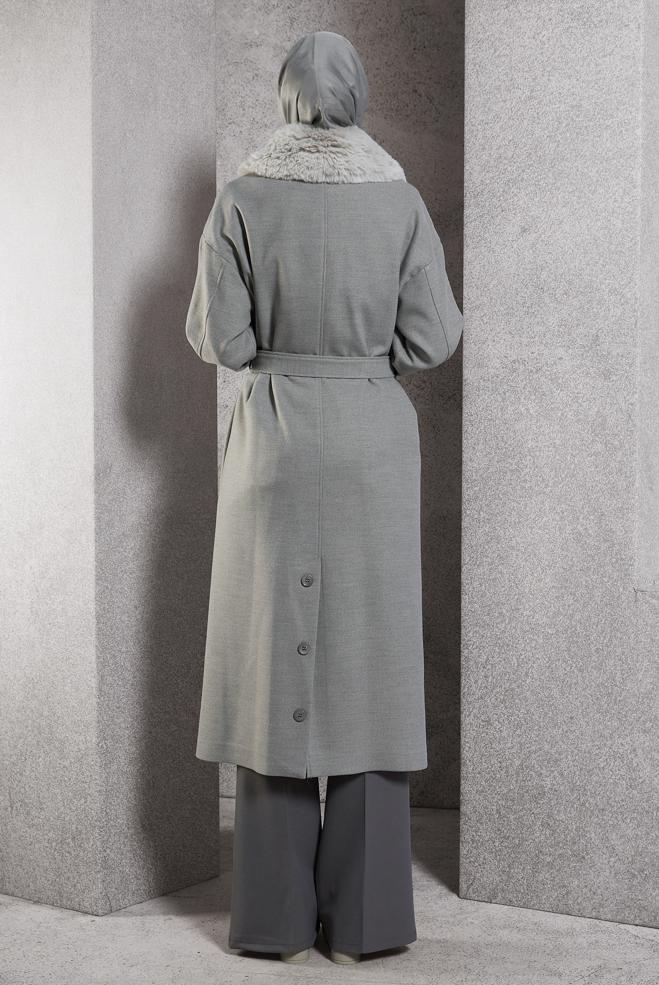 Vêtements hijab GRIS MANTEAU CEINTURÉ 90548 - ALVİNA