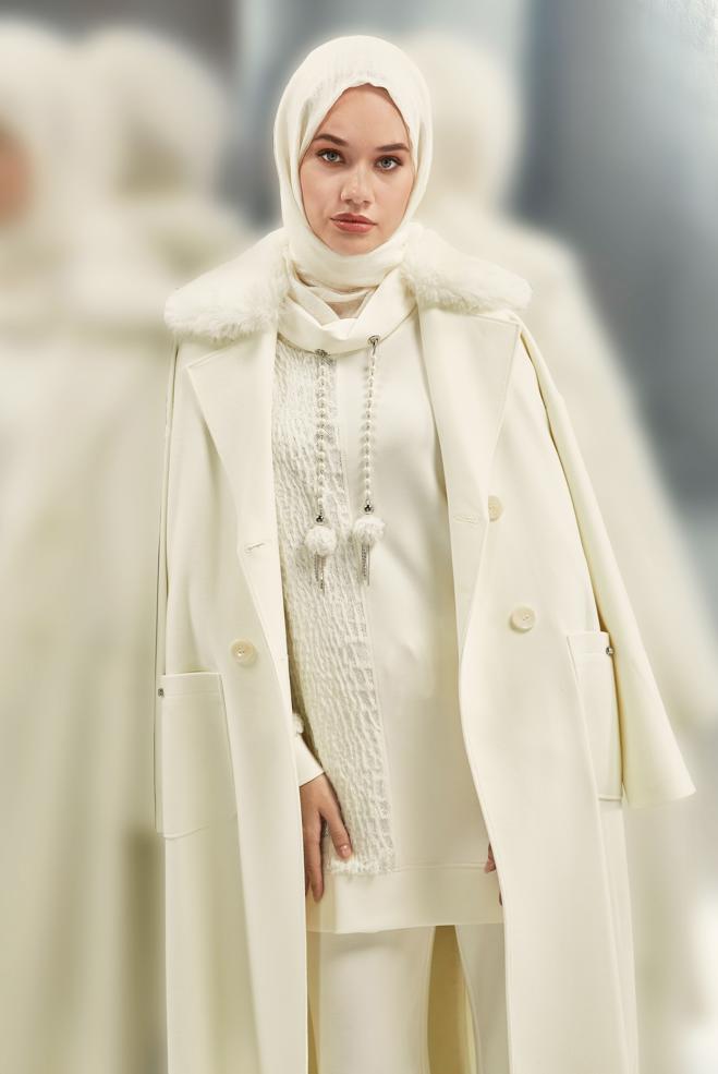 Vêtements hijab ÉCRUE MANTEAU CEINTURÉ 90548 - ALVİNA