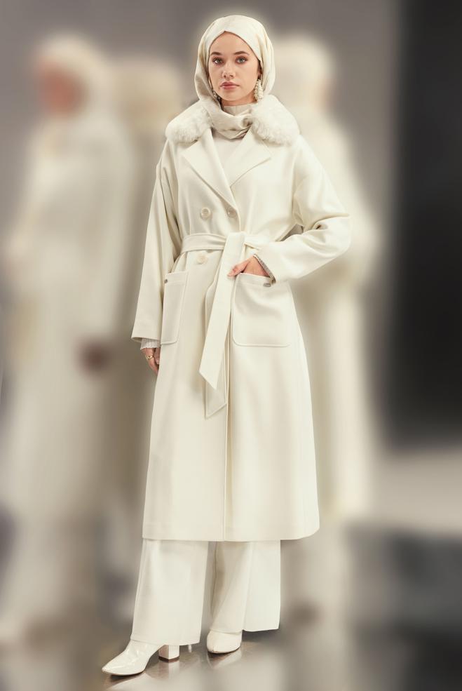 Vêtements hijab ÉCRUE MANTEAU CEINTURÉ 90548 - ALVİNA